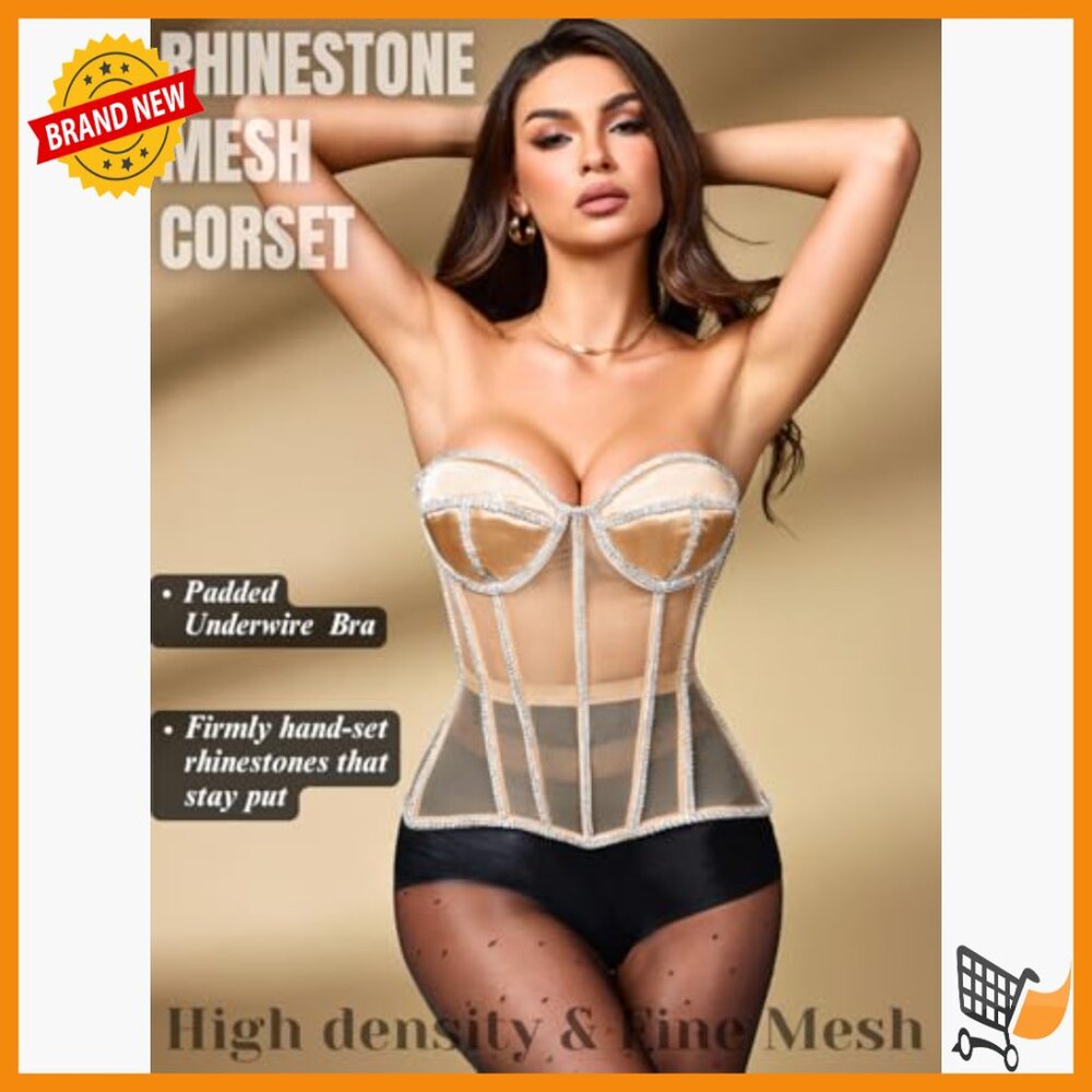 Sheer Mesh Corset with Rhinestones, Strapless Lace-Up Shapewear Top - Picture 2 of 7